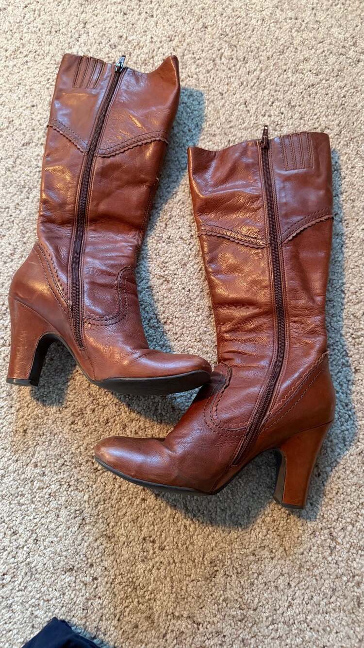 Biviel Brown Leather Knee High Heeled Boots with Side Zip and Decorative Detail